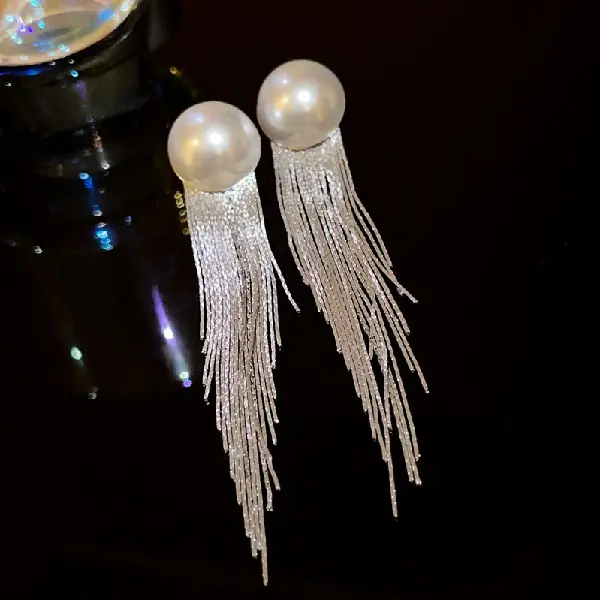 47# Silver Needle - Half Round Pearl Tassel Stud Earrings,tkmbeautysupply.com