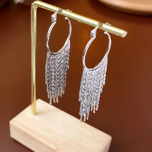 48# Silver Needle-Platinum Chain Tassel Earrings-Real Gold Plating-Silver,tkmbeautysupply.com