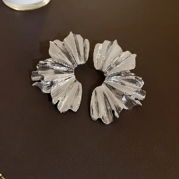 54# Silver Needle-Titanium Needle Leaf Flower Scalloped Pleated Stud Earrings,tkmbeautysupply.com