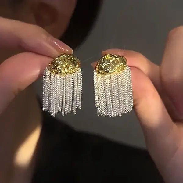 57# Silver Needle-Irregular Metal Chain Tassel Earrings-Real Gold Plating-Gold-Silver,tkmbeautysupply.com