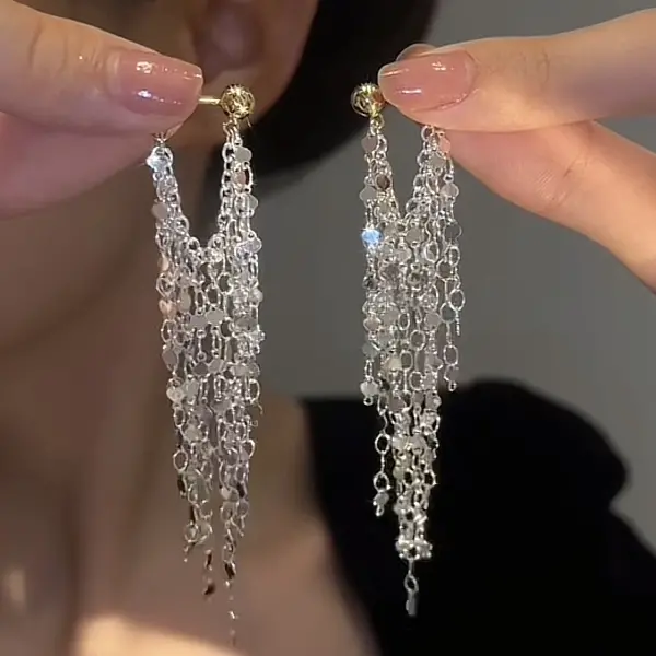 58# Silver Needle-Sequin Chain Tassel Earrings,tkmbeautysupply.com