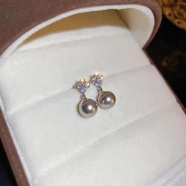 59# Silver Needle-Zircon Four-leaf Clover Pearl Stud Earrings (10mm),tkmbeautysupply.com