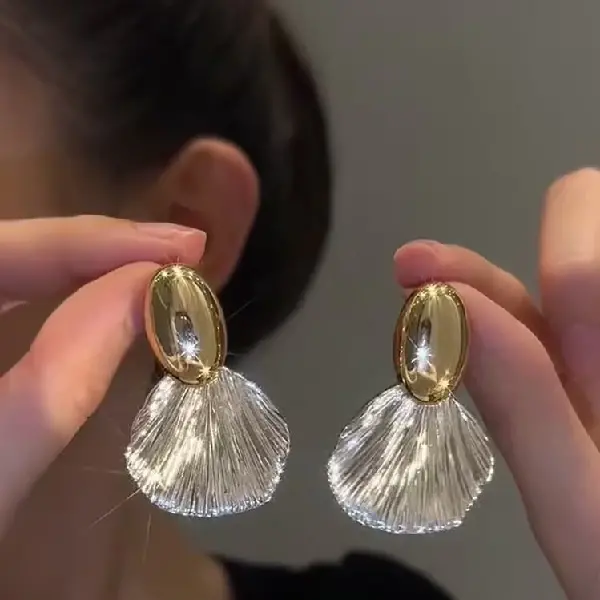 60# silver needle-oval shell earrings-real gold plating-gold-silver,tkmbeautysupply.com