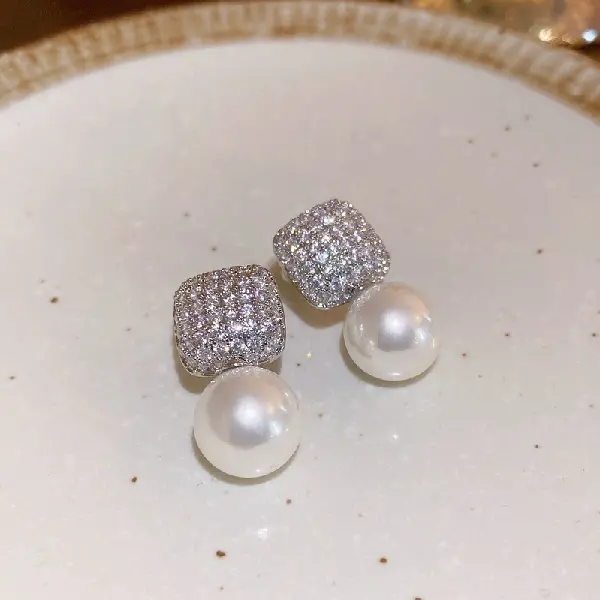 62# Silver Needle-Zircon Square Pearl Stud Earrings,tkmbeautysupply.com