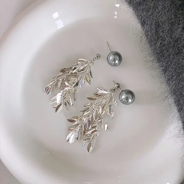 66# Silver Needle-Pearl Leaf Tassel Stud Earrings,tkmbeautysupply.com