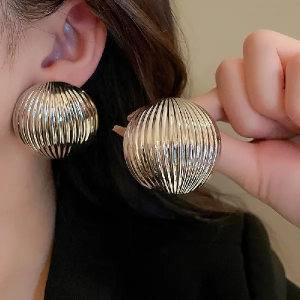 72# Silver Needle-Glossy Striped Semi-circular Stud Earrings,tkmbeautysupply.com