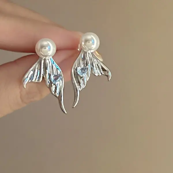 74# Silver Needle-Mermaid Tail Love Zircon Pearl Stud Earrings,tkmbeautysupply.com