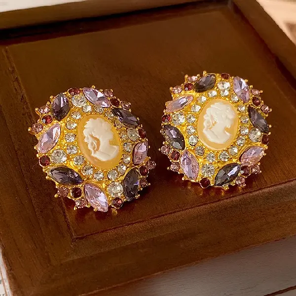 2# Silver Needle-Purple Diamond Portrait Stud Earrings,tkmbeautysupply.com