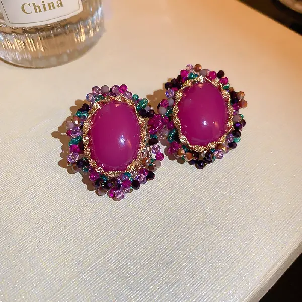4# Silver Needle-Rose Oval Crystal Stud Earrings,tkmbeautysupply.com