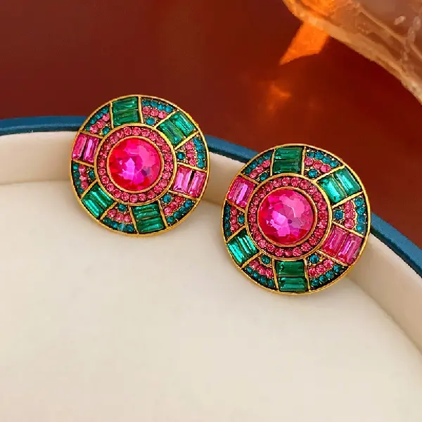 6# Silver Needle-Green Diamond Round Stud Earrings,tkmbeautysupply.com