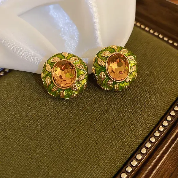 7# Silver Needle-Green Diamond Round Stud Earrings (Real Gold Plating),tkmbeautysupply.com