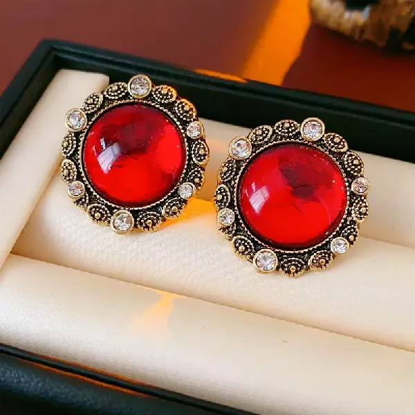 11# Silver Needle-Red Needle Diamond Round Flower Stud Earrings,tkmbeautysupply.com