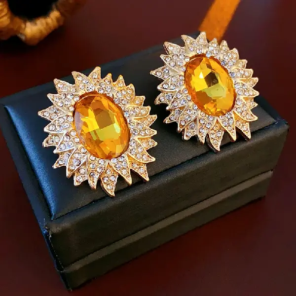 13# Silver Needle-Golden Sunflower Diamond Stud Earrings,tkmbeautysupply.com
