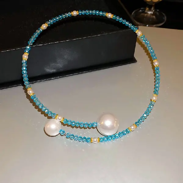 13# Blue-Pearl Crystal Necklace,tkmbeautysupply.com