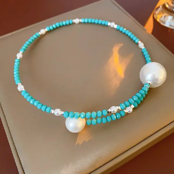 11# blue pearl glazed beaded necklace,tkmbeautysupply.com