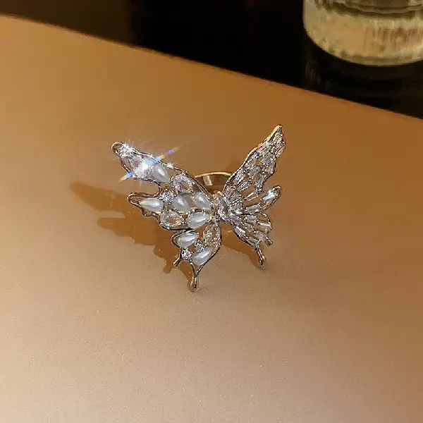 7# Silver-Pearl Butterfly Open Ring,tkmbeautysupply.com