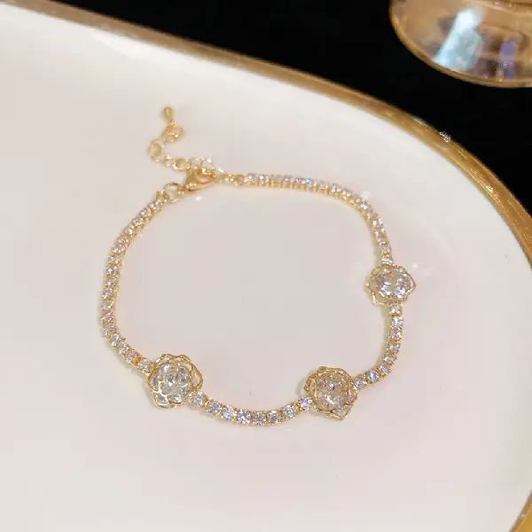 Gold-Zircon Flower Hollow Bracelet,tkmbeautysupply.com