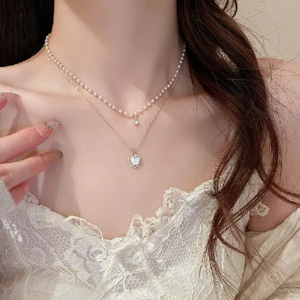 Zircon Pearl Love Double Layer Necklace,tkmbeautysupply.com