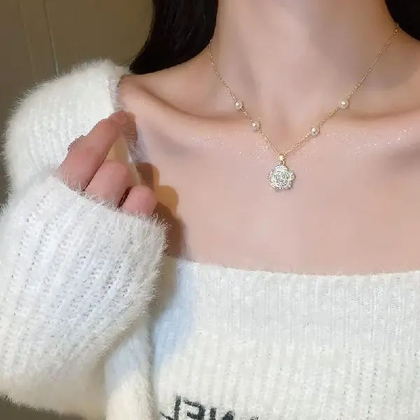 Diamond Pearl Camellia Flower Necklace,tkmbeautysupply.com
