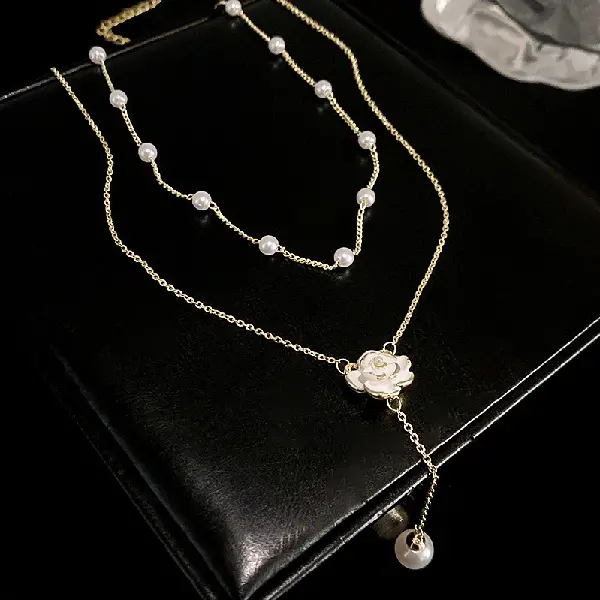 Pearl Camellia Flower Double Layer Necklace,tkmbeautysupply.com