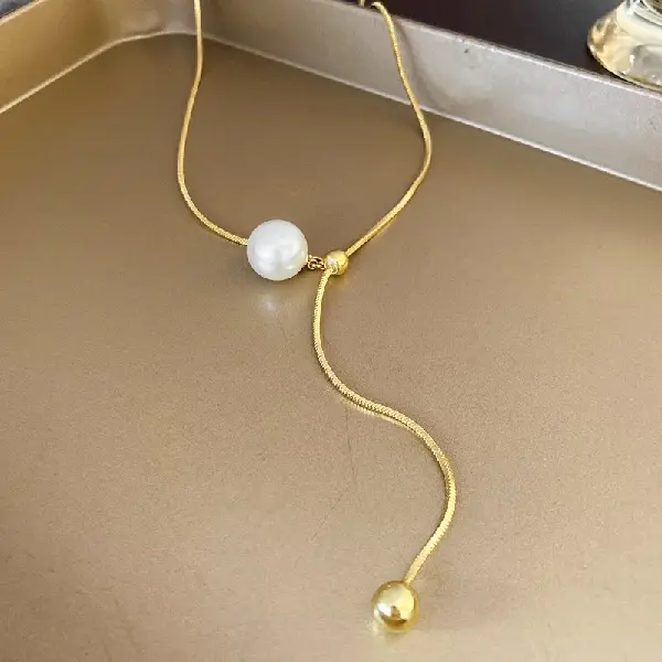 Pearl square snake chain round bead adjustable necklace,tkmbeautysupply.com