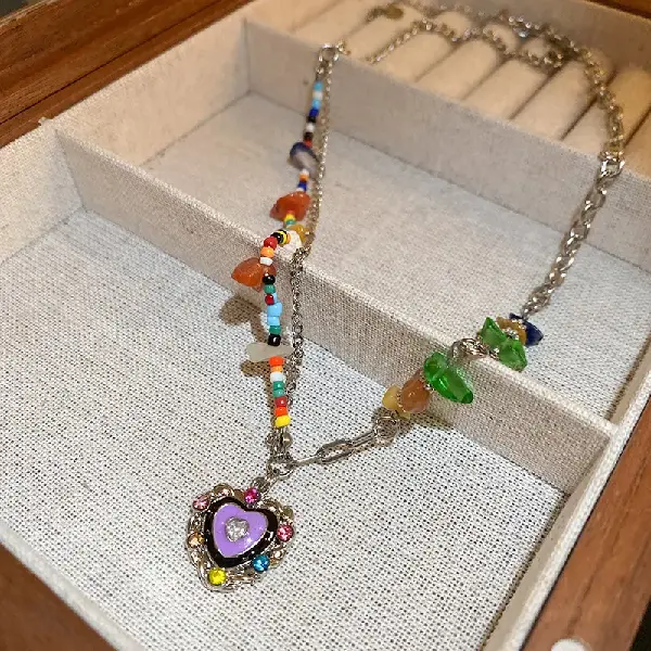 Colorful oil dripping diamond heart natural stone water rice bead stitching necklace,tkmbeautysupply.com