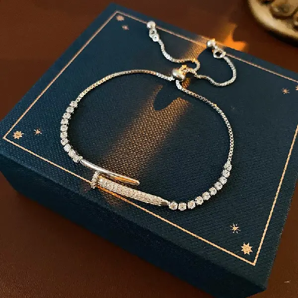 8# silver-14K real gold electroplated zircon rectangular adjustable bracelet,tkmbeautysupply.com