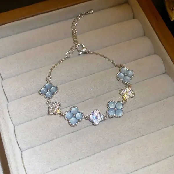 16# Silver-Blue-Zircon Clover Cat’s Eye Pendant Bracelet,tkmbeautysupply.com