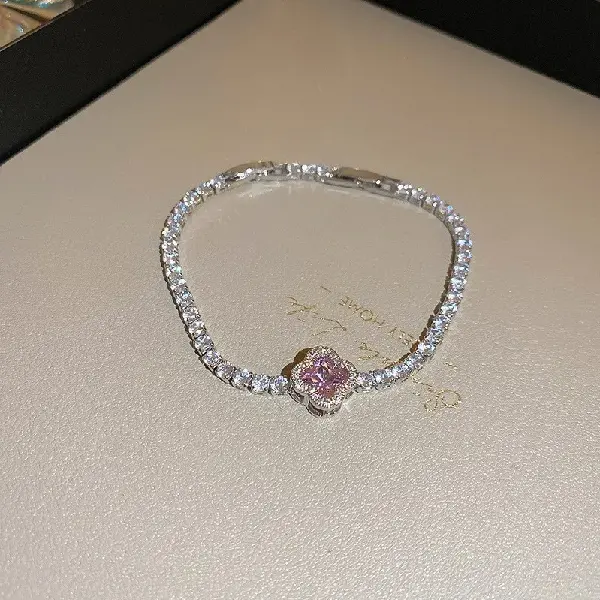 21# Silver-Pink-Four-Leaf Clover Zircon Bracelet,tkmbeautysupply.com