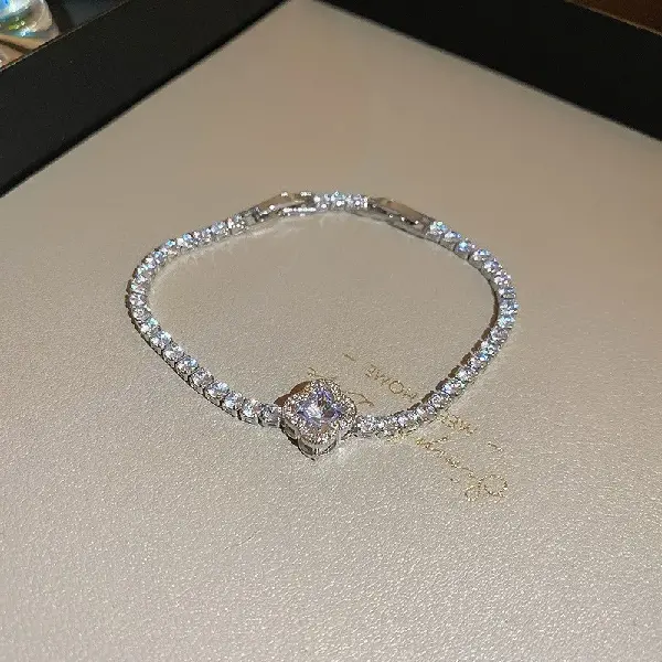 24# Silver-White-Four-Leaf Clover Zircon Bracelet,tkmbeautysupply.com
