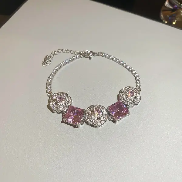 31# Silver-Pink-Zircon Flower Square Irregular Bracelet,tkmbeautysupply.com