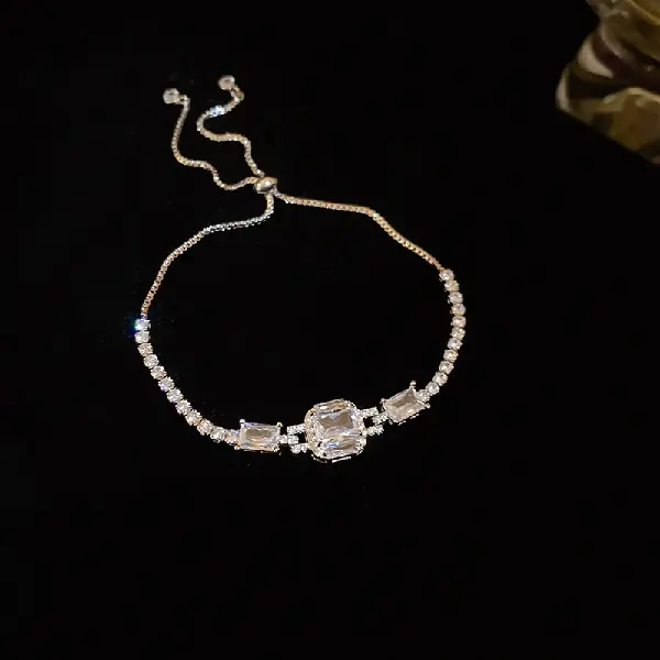 37# Silver-Zircon Square Interlocking Adjustable Bracelet,tkmbeautysupply.com