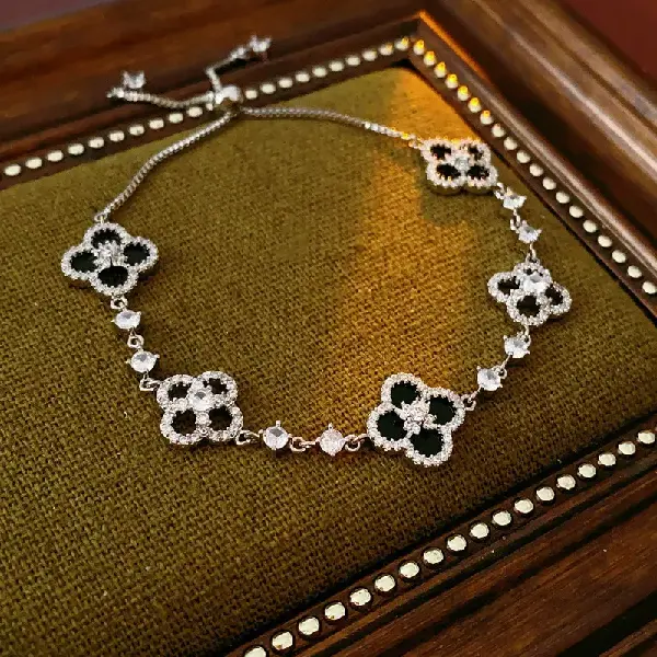 44# Silver-Black-Zircon Diamond Flower Hollow Adjustable Bracelet,tkmbeautysupply.com