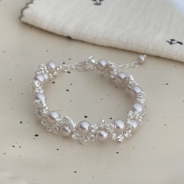 49# Silver-Pink Manta Rose Pearl Zircon Braided Flower Bracelet,tkmbeautysupply.com