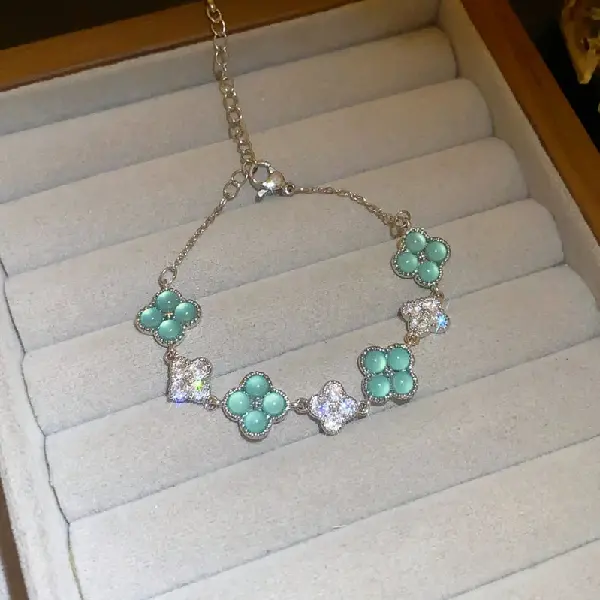 52# Silver-Green-Zircon Clover Pendant Bracelet,tkmbeautysupply.com