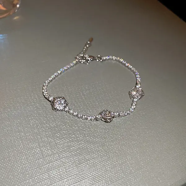 57# Silver-Zircon Flower Hollow Bracelet,tkmbeautysupply.com