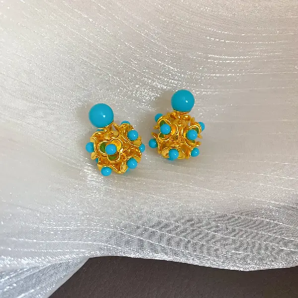 53# Silver Needle Resin Flower Stud Earrings-Gold-Blue,tkmbeautysupply.com