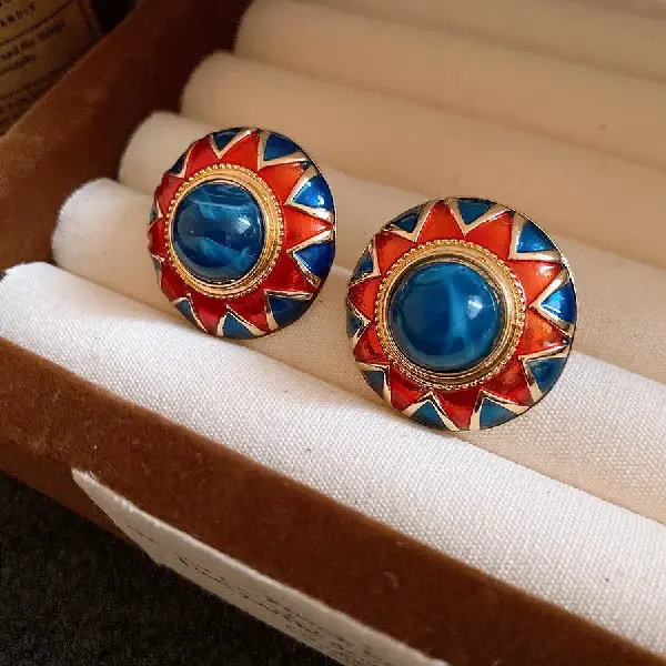 56# silver needle resin pleated earrings-blue-red.,tkmbeautysupply.com