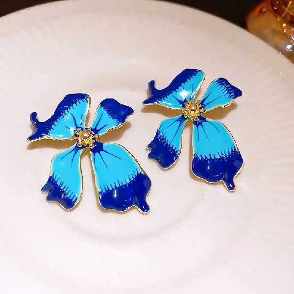 6# Silver Needle Flower Stud Earrings-Gold-Blue,tkmbeautysupply.com