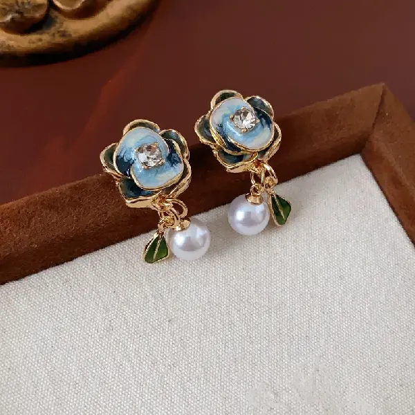 11# Silver Needle Flower Pearl Stud Earrings-Gold-Blue,tkmbeautysupply.com