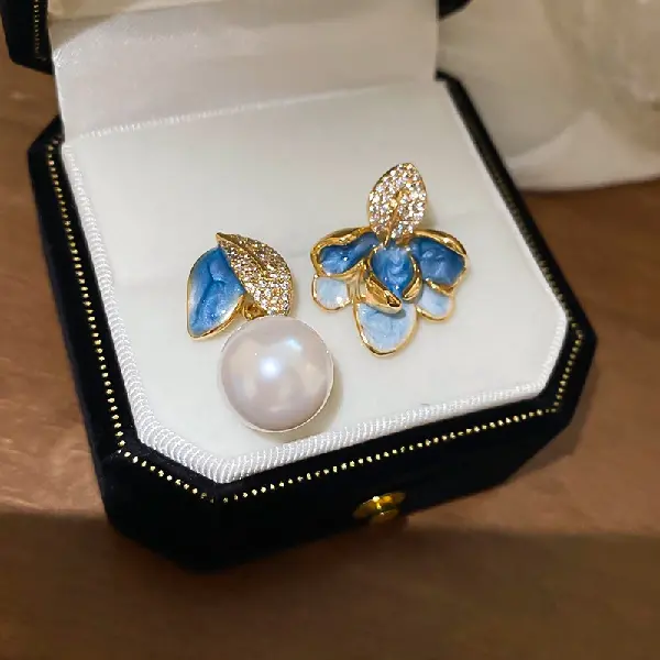 12# silver needle pearl earrings (real gold plating) - blue,tkmbeautysupply.com