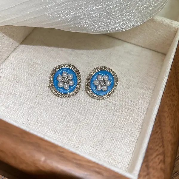 14# Silver Needle Diamond Pearl Stud Earrings-Silver-Blue.,tkmbeautysupply.com