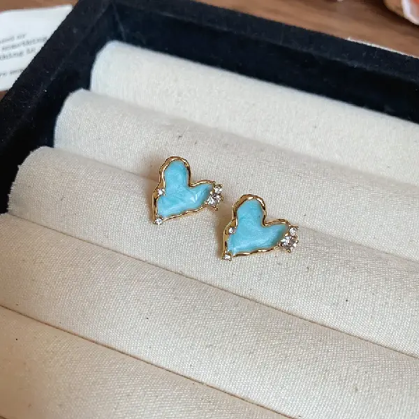 19# Silver Needle Love Stud Earrings-Blue,tkmbeautysupply.com