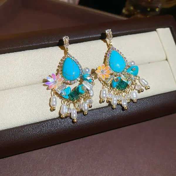 22# Silver Needle Flower Tassel Stud Earrings-Gold-Blue,tkmbeautysupply.com