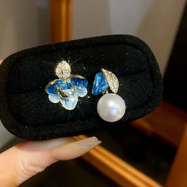 23# Silver Needle Pearl Flower Stud Earrings-Blue,tkmbeautysupply.com