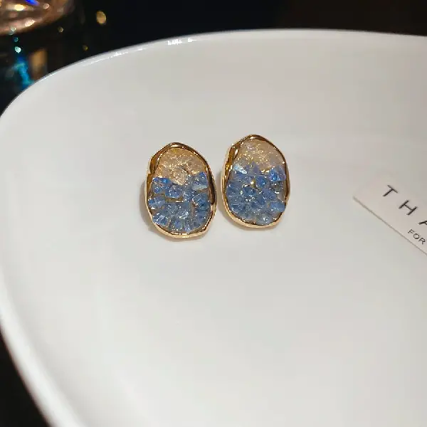 26# Silver Needle Glass Crystal Stud Earrings-Gold-Blue,tkmbeautysupply.com