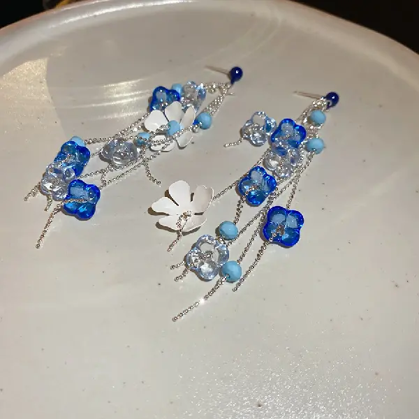 27# Silver Needle Flower Tassel Stud Earrings-Silver-Blue.,tkmbeautysupply.com