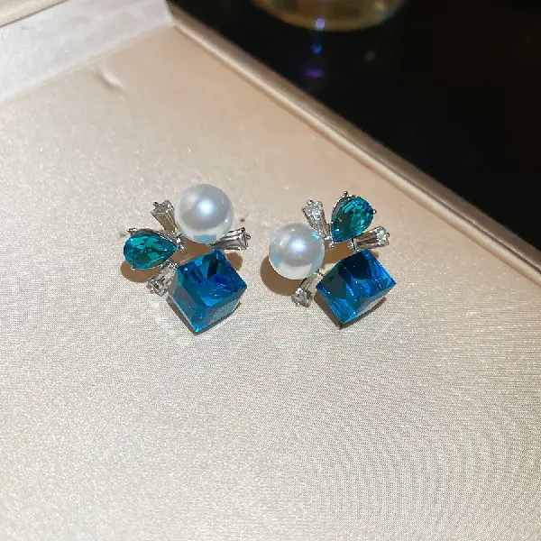 29# Silver Needle Diamond Pearl Stud Earrings-Blue,tkmbeautysupply.com