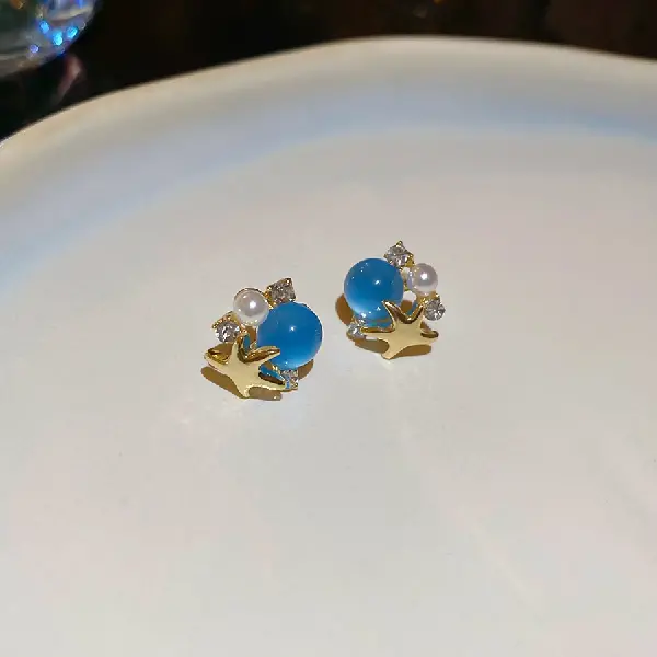 31# Silver Needle Star Pearl Earrings-Gold-Blue,tkmbeautysupply.com