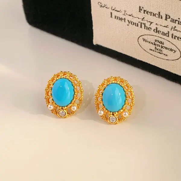 37# green stone earrings (real gold plating) - gold - blue.,tkmbeautysupply.com
